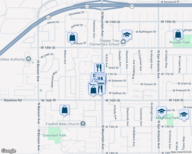 map of restaurants, bars, coffee shops, grocery stores, and more near 1695 North Mountain Avenue in Upland