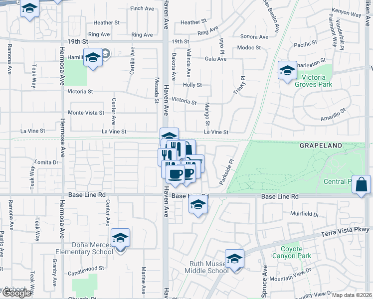 map of restaurants, bars, coffee shops, grocery stores, and more near 10584 Evergreen Drive in Rancho Cucamonga