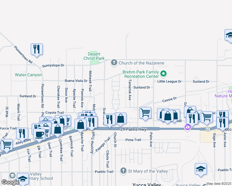 map of restaurants, bars, coffee shops, grocery stores, and more near 56254 29 Palms Highway in Yucca Valley