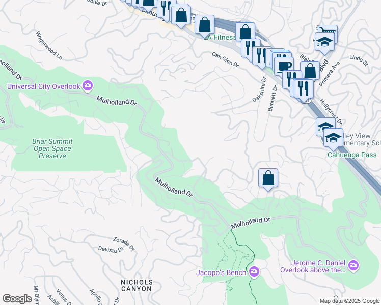 map of restaurants, bars, coffee shops, grocery stores, and more near 7435 Woodrow Wilson Drive in Los Angeles