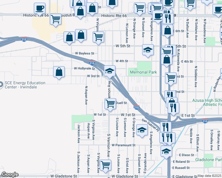 map of restaurants, bars, coffee shops, grocery stores, and more near 206 South Vernon Avenue in Azusa