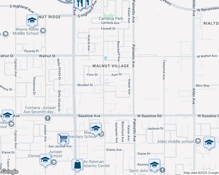 map of restaurants, bars, coffee shops, grocery stores, and more near 17145 Micallef Street in Fontana