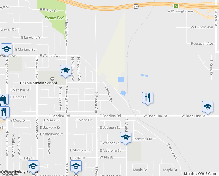 map of restaurants, bars, coffee shops, grocery stores, and more near 1361 Terrace Road in Rialto