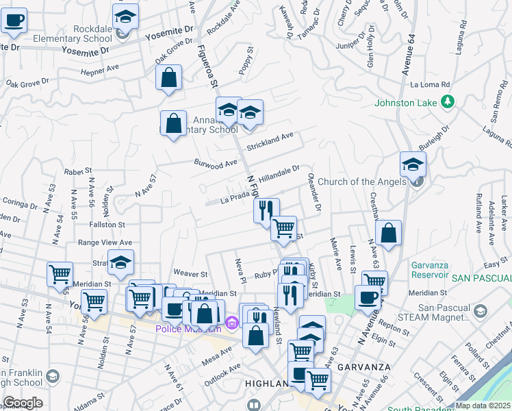 map of restaurants, bars, coffee shops, grocery stores, and more near 6741 North Figueroa Street in Los Angeles