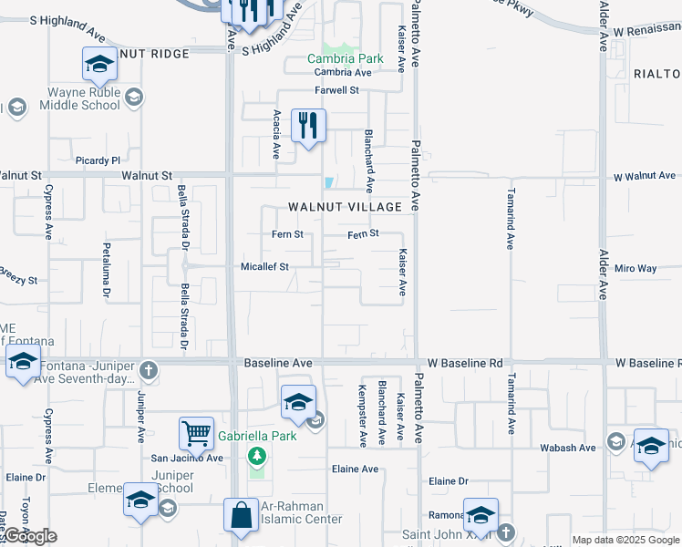 map of restaurants, bars, coffee shops, grocery stores, and more near 17145 Micallef Street in Fontana