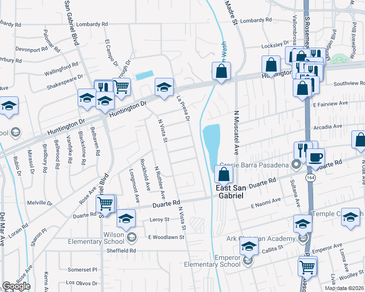 map of restaurants, bars, coffee shops, grocery stores, and more near 8528 East Fairview Avenue in San Gabriel