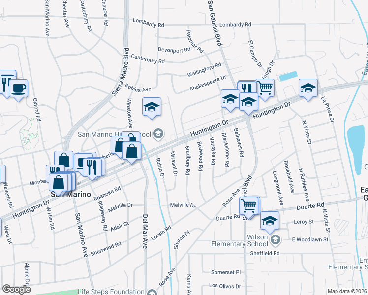 map of restaurants, bars, coffee shops, grocery stores, and more near 1355 Bradbury Road in San Marino