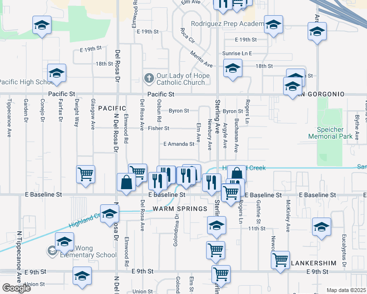 map of restaurants, bars, coffee shops, grocery stores, and more near 25561 East Amanda Street in San Bernardino