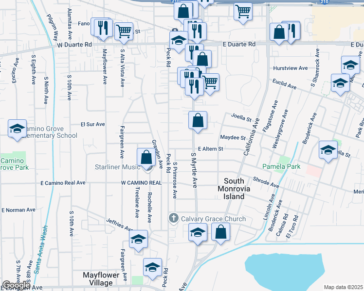 map of restaurants, bars, coffee shops, grocery stores, and more near 2171 South Myrtle Avenue in Monrovia