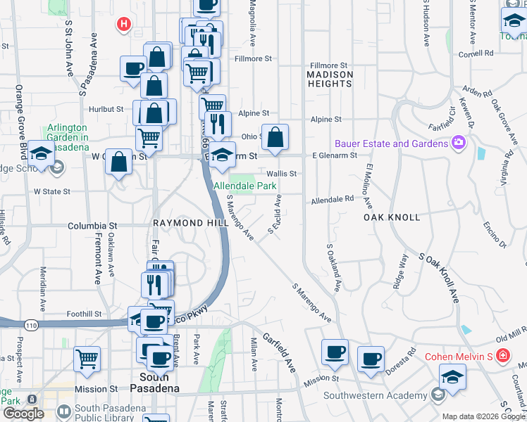 map of restaurants, bars, coffee shops, grocery stores, and more near 295 Marguerita Lane in Pasadena