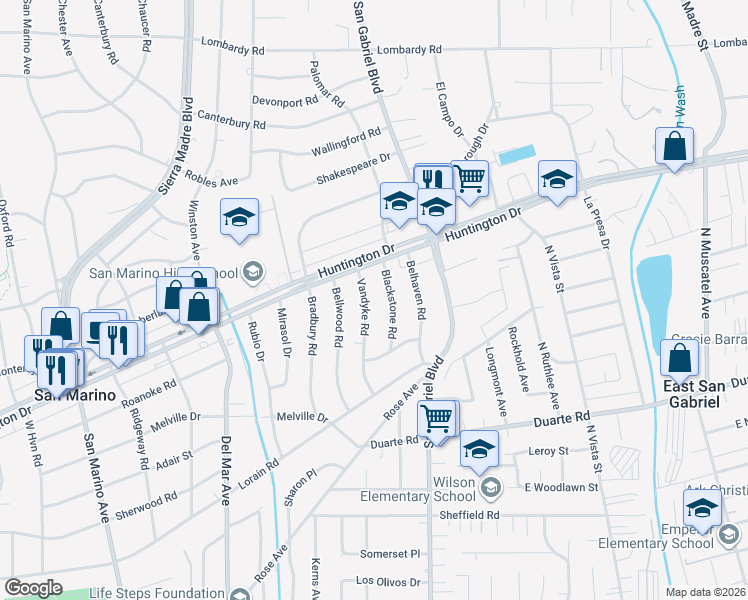 map of restaurants, bars, coffee shops, grocery stores, and more near 1350 Vandyke Road in San Marino
