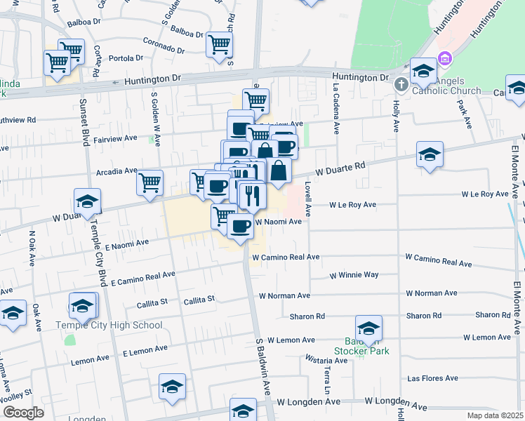 map of restaurants, bars, coffee shops, grocery stores, and more near 1234 South Baldwin Avenue in Arcadia