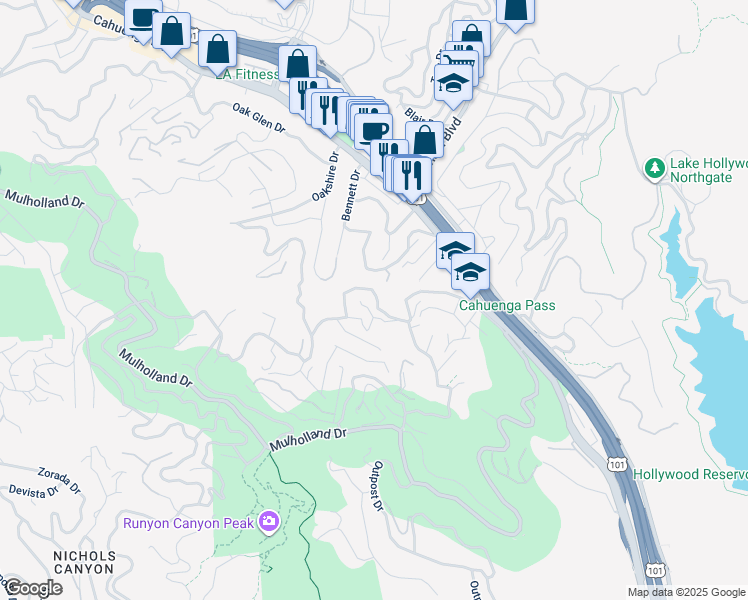 map of restaurants, bars, coffee shops, grocery stores, and more near 7148 Woodrow Wilson Drive in Los Angeles