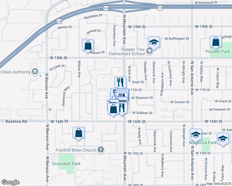 map of restaurants, bars, coffee shops, grocery stores, and more near 1695 North Mountain Avenue in Upland