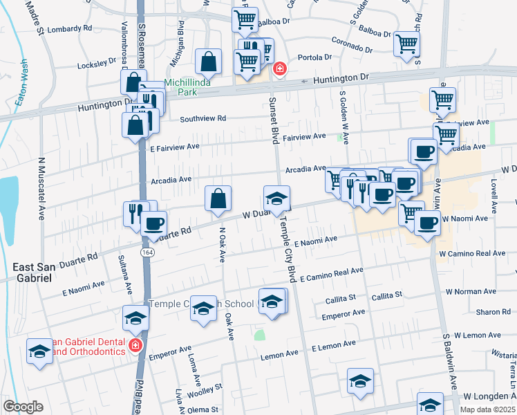map of restaurants, bars, coffee shops, grocery stores, and more near 1131 West Duarte Road in Arcadia