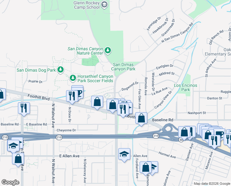 map of restaurants, bars, coffee shops, grocery stores, and more near North San Dimas Canyon Road & Canyon Hill Road in San Dimas