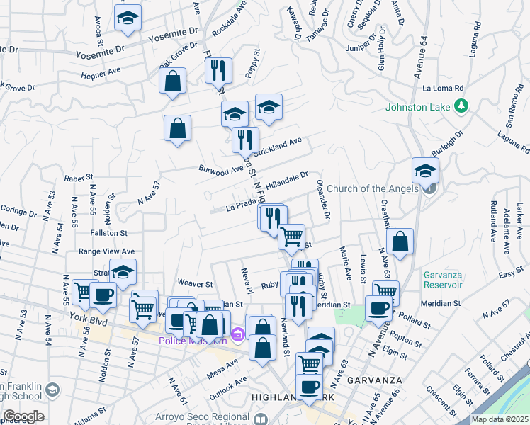 map of restaurants, bars, coffee shops, grocery stores, and more near 6739 North Figueroa Street in Los Angeles