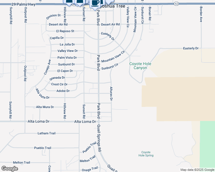 map of restaurants, bars, coffee shops, grocery stores, and more near 61833 Crest Circle Drive in Joshua Tree