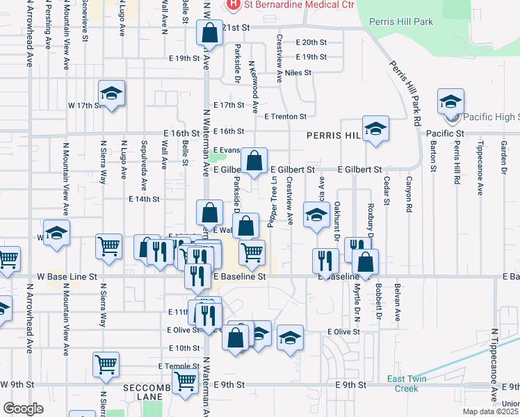map of restaurants, bars, coffee shops, grocery stores, and more near 1371 Parkside Drive in San Bernardino