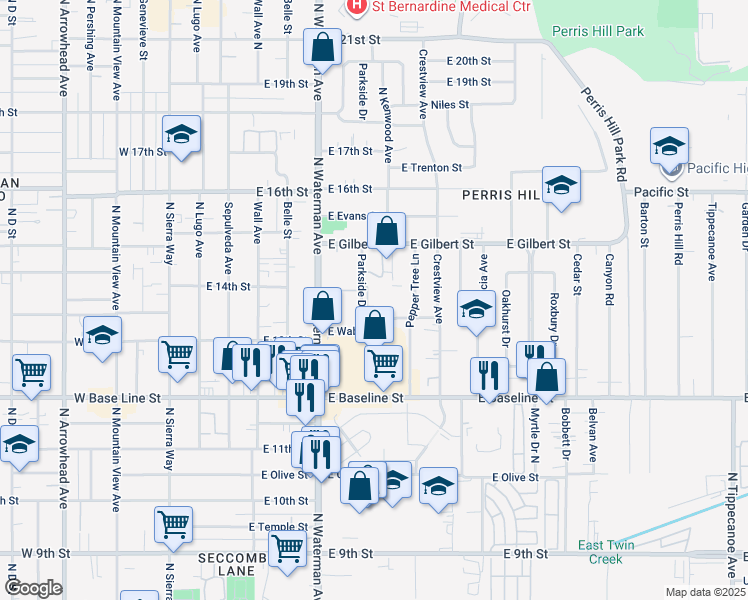 map of restaurants, bars, coffee shops, grocery stores, and more near 1371 Parkside Drive in San Bernardino