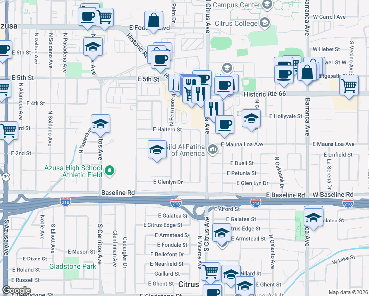 map of restaurants, bars, coffee shops, grocery stores, and more near 207 North Calvados Avenue in Azusa