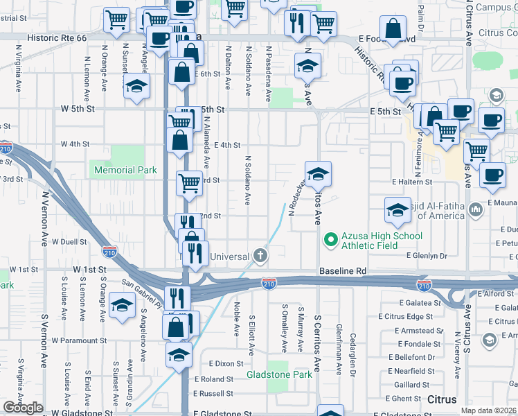 map of restaurants, bars, coffee shops, grocery stores, and more near in Azusa