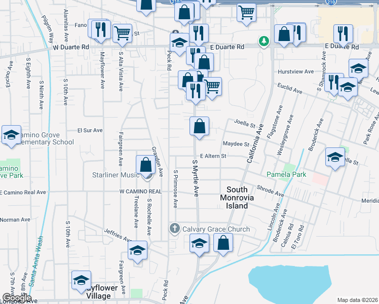 map of restaurants, bars, coffee shops, grocery stores, and more near 2171 South Myrtle Avenue in Monrovia