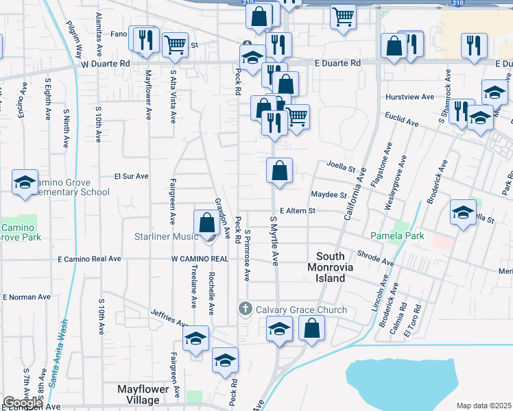 map of restaurants, bars, coffee shops, grocery stores, and more near 2171 South Myrtle Avenue in Monrovia