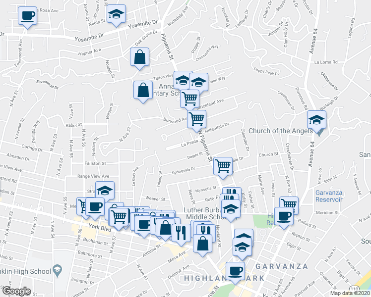 map of restaurants, bars, coffee shops, grocery stores, and more near 6040 La Prada in Los Angeles