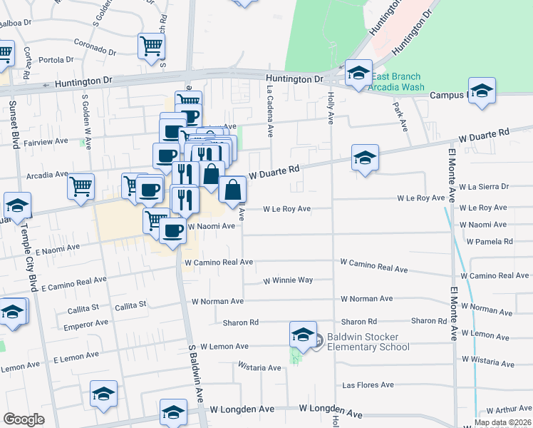 map of restaurants, bars, coffee shops, grocery stores, and more near 506 West Le Roy Avenue in Arcadia