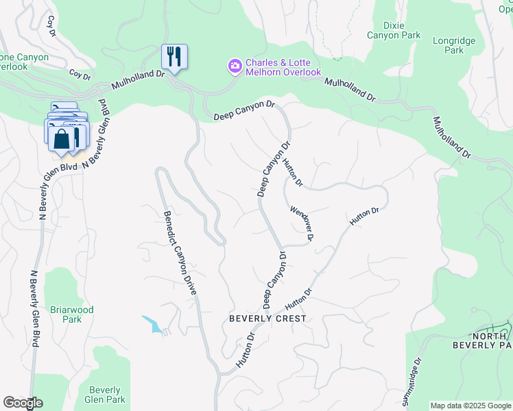 map of restaurants, bars, coffee shops, grocery stores, and more near 2847 Deep Canyon Drive in Beverly Hills