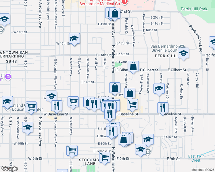 map of restaurants, bars, coffee shops, grocery stores, and more near 1377 Belle Street in San Bernardino