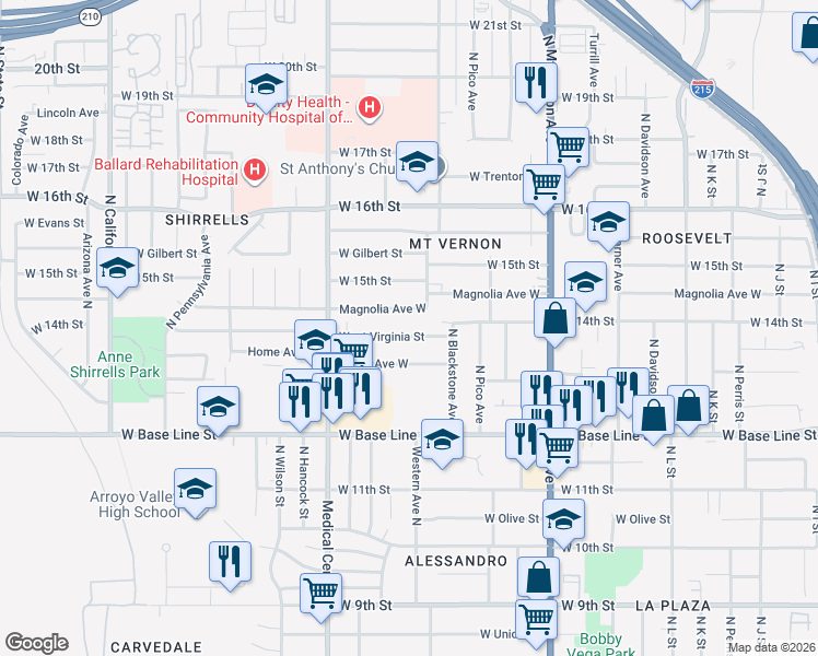 map of restaurants, bars, coffee shops, grocery stores, and more near 1528 West Virginia Street in San Bernardino