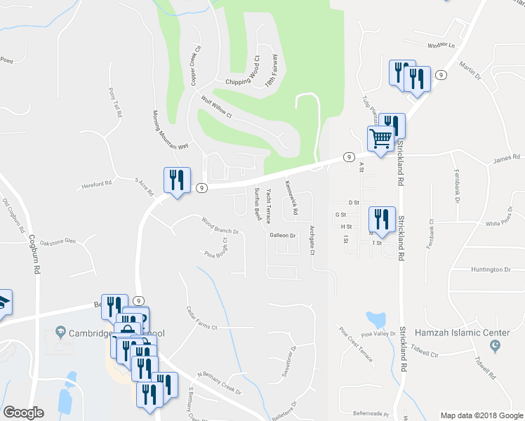 map of restaurants, bars, coffee shops, grocery stores, and more near 3340 Galley Walk in Alpharetta