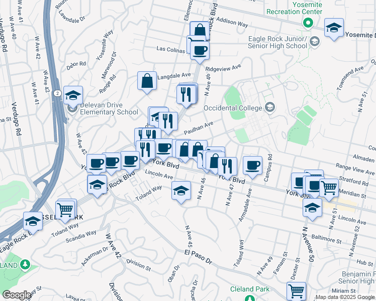 map of restaurants, bars, coffee shops, grocery stores, and more near 4510 Alumni Avenue in Los Angeles