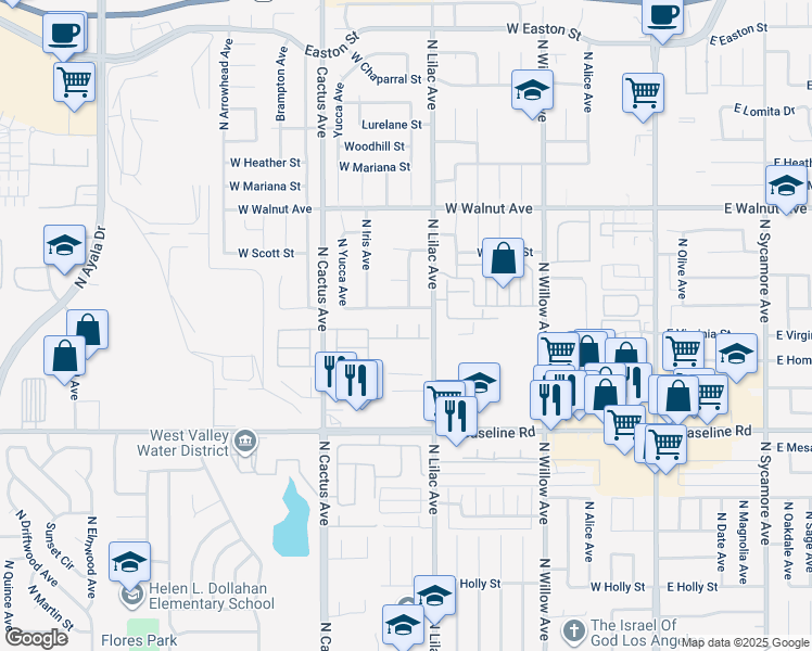 map of restaurants, bars, coffee shops, grocery stores, and more near 1387 North Althea Avenue in Rialto