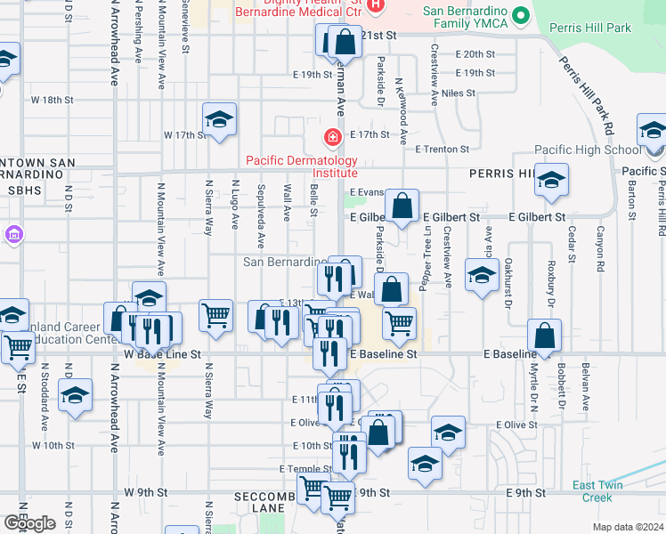 map of restaurants, bars, coffee shops, grocery stores, and more near 1374 North Waterman Avenue in San Bernardino