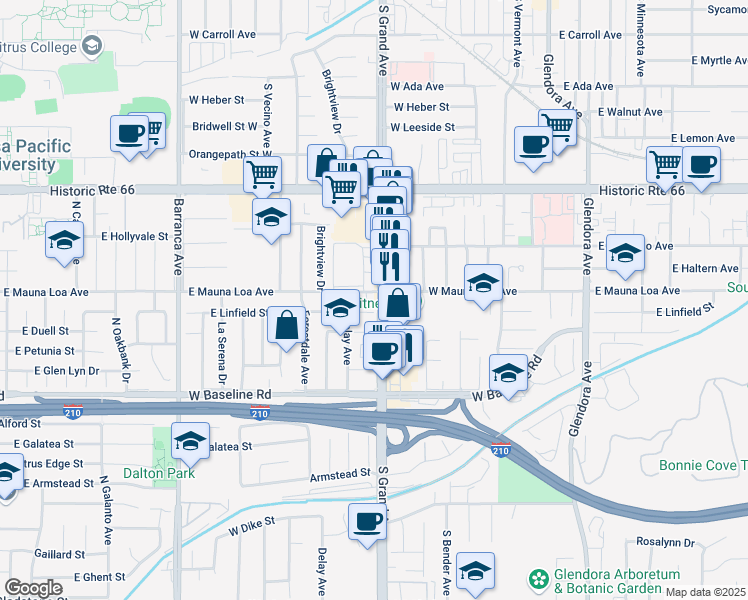 map of restaurants, bars, coffee shops, grocery stores, and more near 801 South Grand Avenue in Glendora