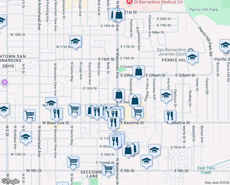 map of restaurants, bars, coffee shops, grocery stores, and more near 1374 North Waterman Avenue in San Bernardino