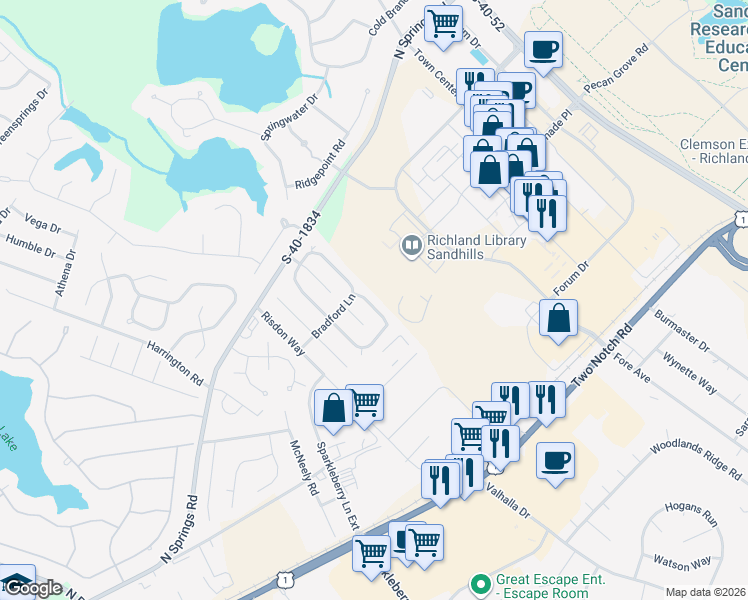 map of restaurants, bars, coffee shops, grocery stores, and more near 1216 Bradford Ridge Lane in Columbia