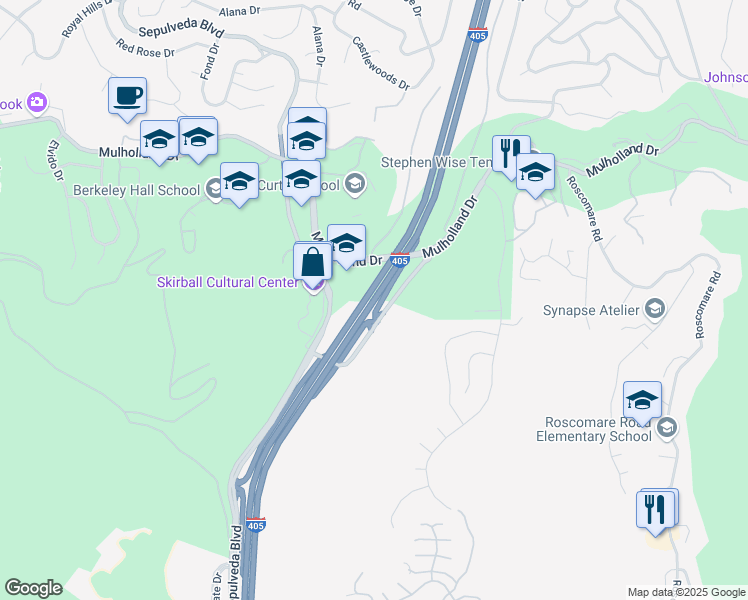 map of restaurants, bars, coffee shops, grocery stores, and more near San Diego Fwy in Los Angeles