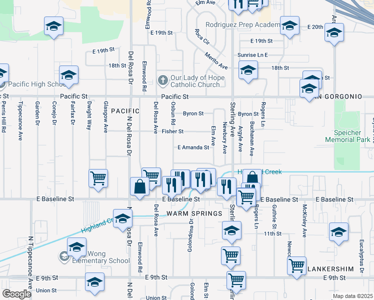map of restaurants, bars, coffee shops, grocery stores, and more near 25521 East Amanda Street in San Bernardino