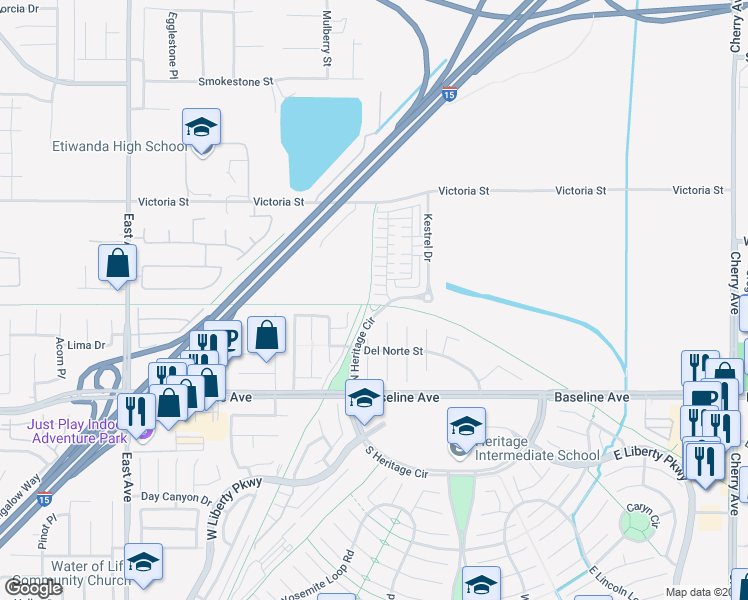 map of restaurants, bars, coffee shops, grocery stores, and more near 7082 Mallow Drive in Fontana