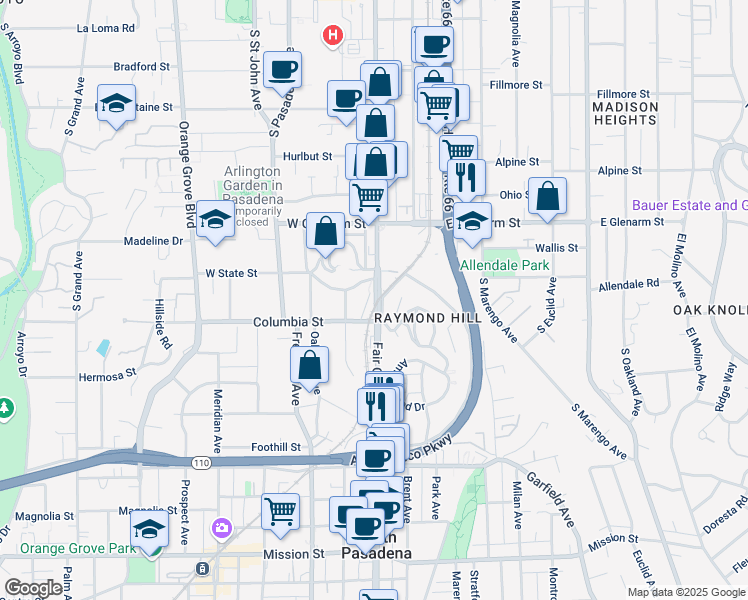 map of restaurants, bars, coffee shops, grocery stores, and more near 82246 South Fair Oaks Avenue in Pasadena