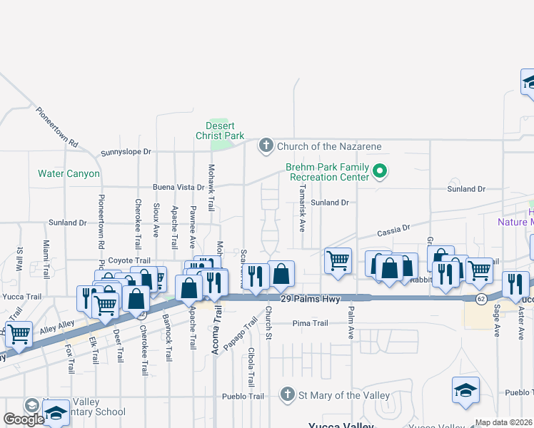 map of restaurants, bars, coffee shops, grocery stores, and more near 56254 29 Palms Highway in Yucca Valley