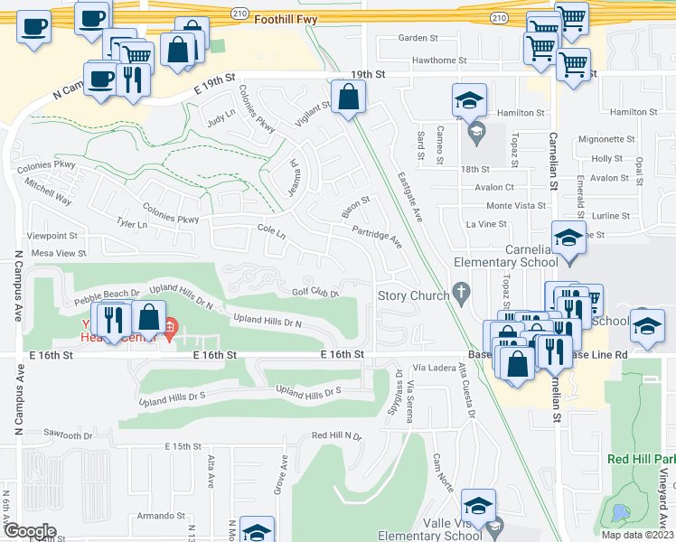 map of restaurants, bars, coffee shops, grocery stores, and more near 1526 Cole Lane in Upland