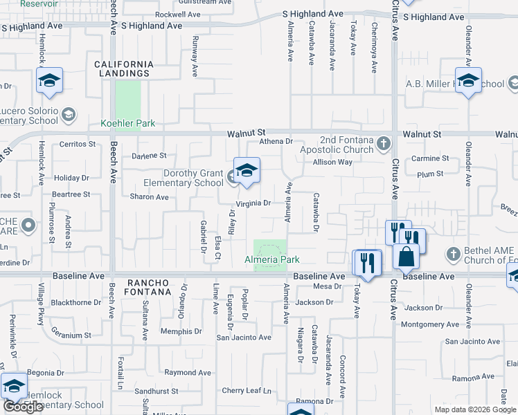 map of restaurants, bars, coffee shops, grocery stores, and more near 15719 Virginia Drive in Fontana