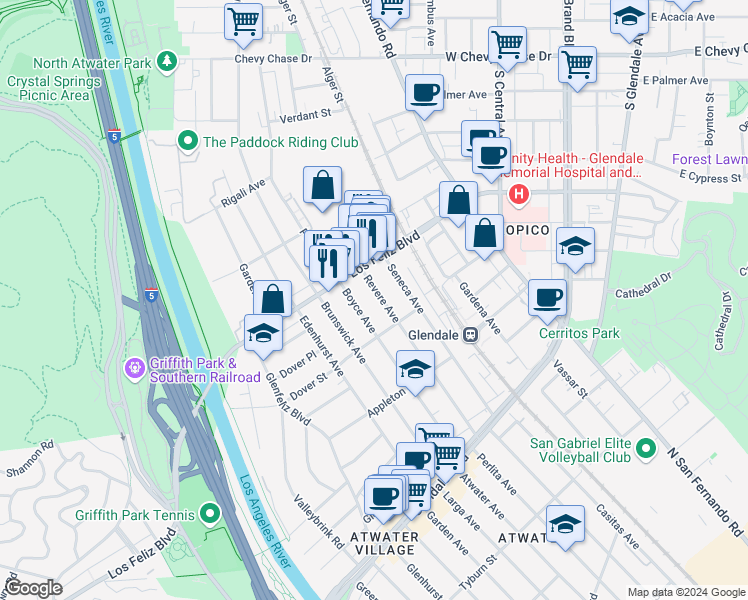 map of restaurants, bars, coffee shops, grocery stores, and more near 3938 Revere Avenue in Los Angeles