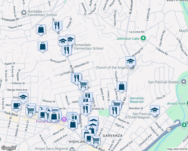 map of restaurants, bars, coffee shops, grocery stores, and more near 523 Oleander Drive in Los Angeles