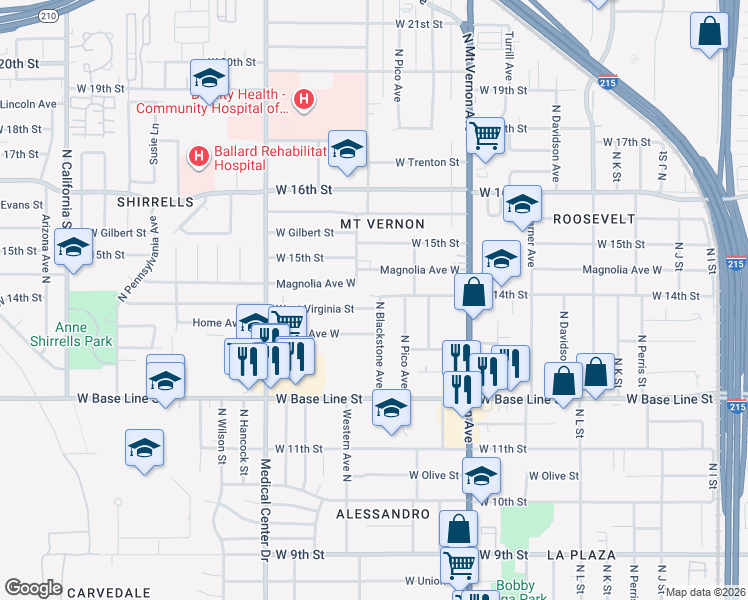 map of restaurants, bars, coffee shops, grocery stores, and more near 1396 North Blackstone Avenue in San Bernardino